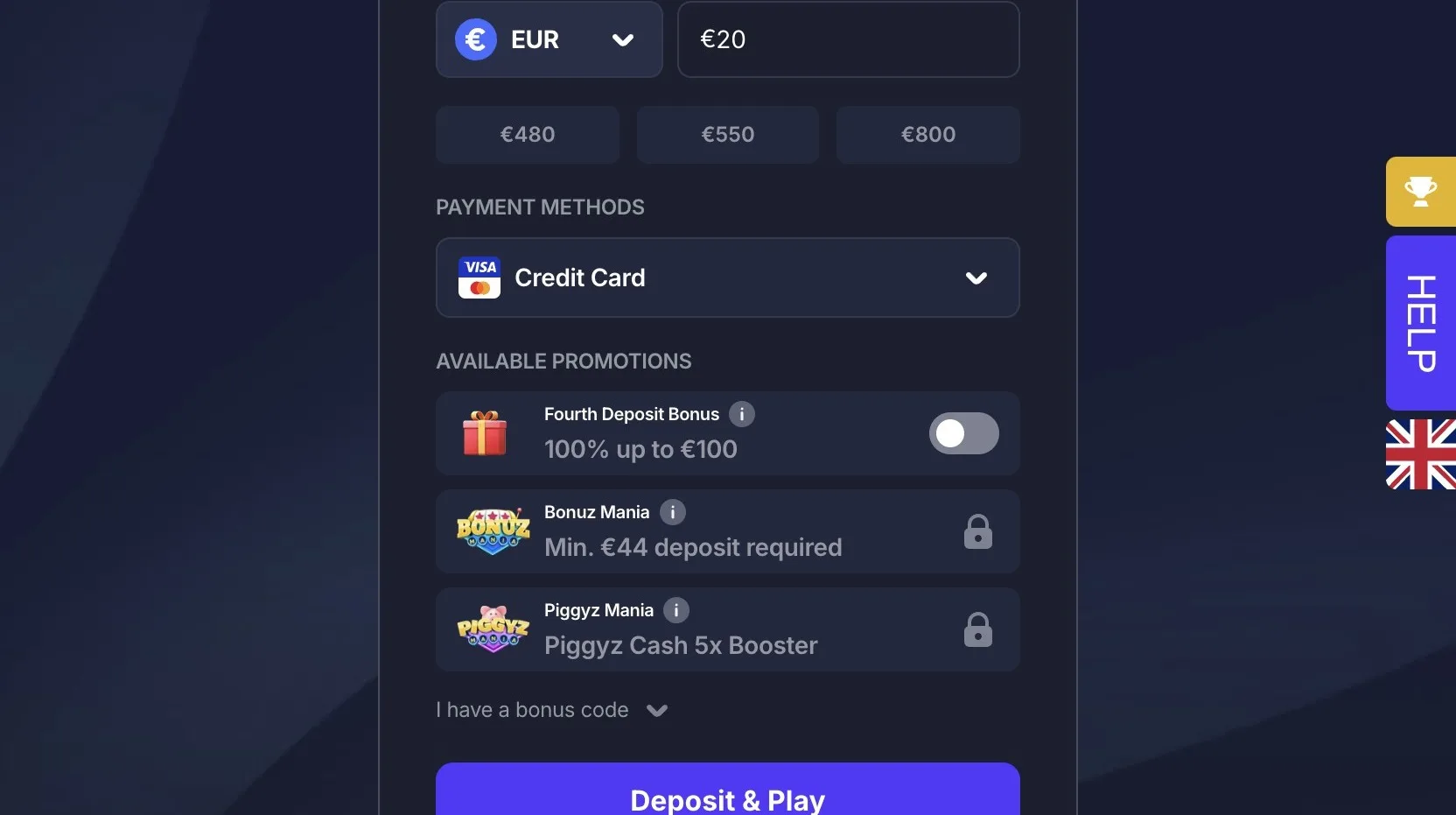 BitStarz Quick Deposit screen in EUR with a EUR 20 amount, Visa/Mastercard Credit Card method and the Fourth Deposit Bonus 100 percent up to EUR 100 toggle