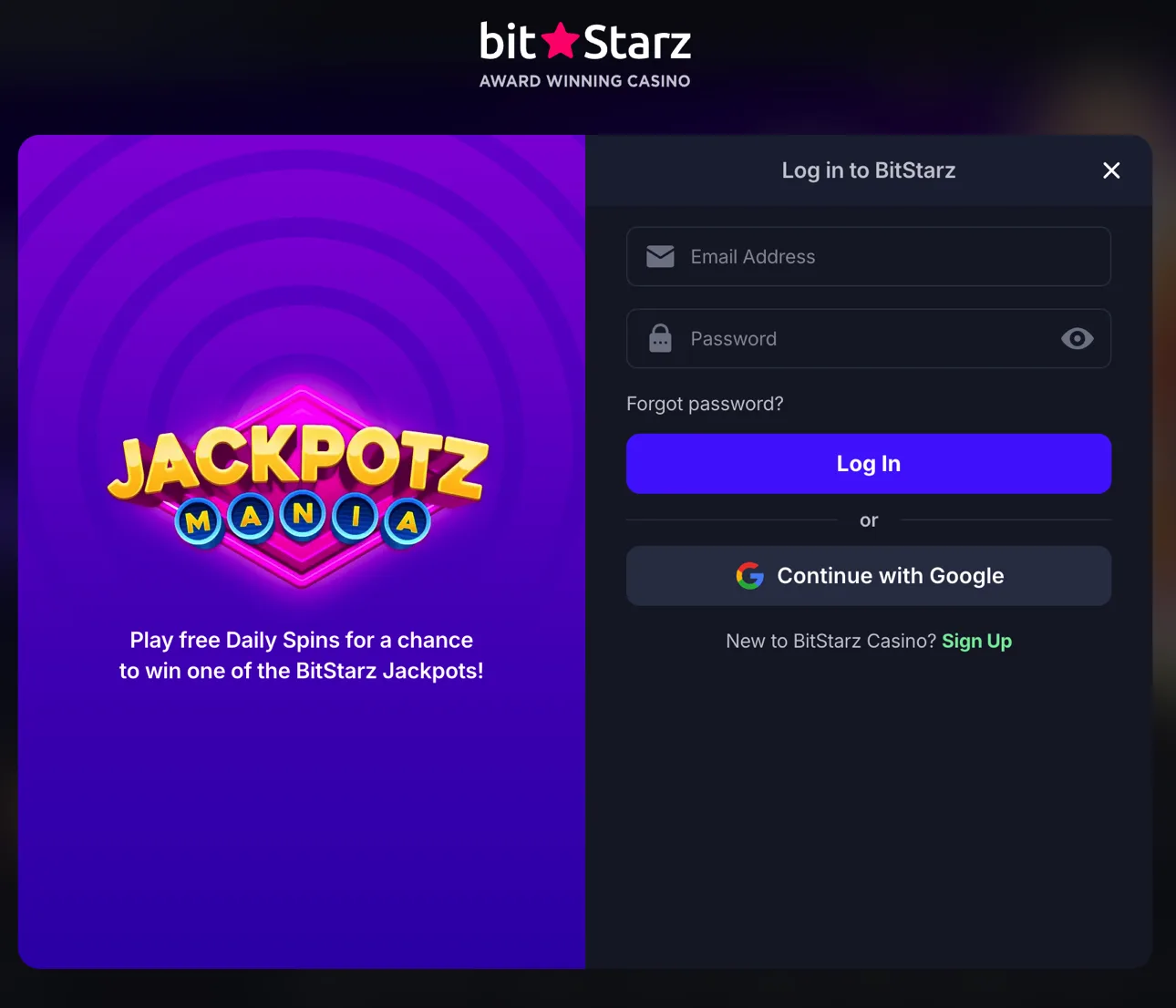 BitStarz login screen showing email/password fields and a Continue with Google button, plus the Jackpotz Mania daily-spins promo panel