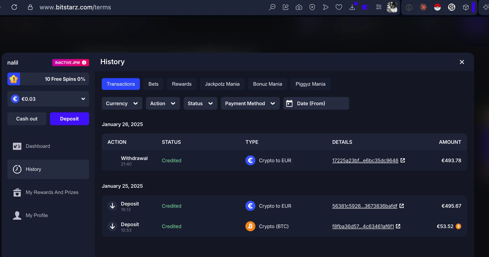BitStarz account transaction history showing a withdrawal of EUR 493.78 credited on January 26, 2025 at 21:40 as Crypto to EUR with an on-chain transaction link, and two deposits credited January 25, 2025