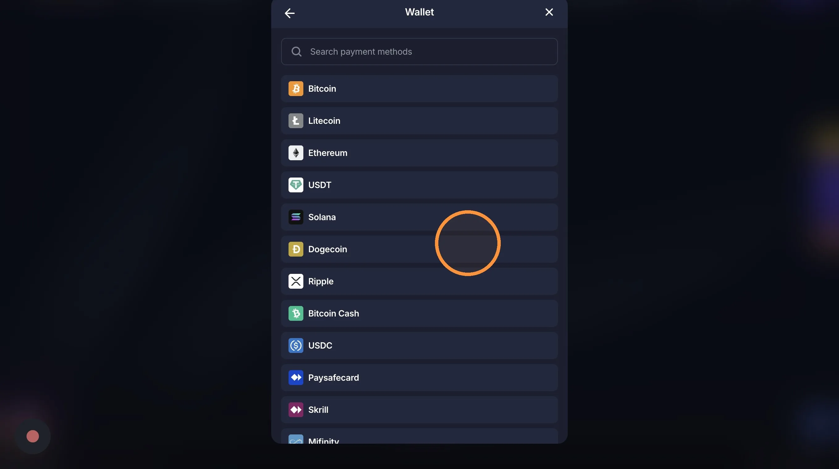 BitStarz Wallet screen listing deposit methods: Bitcoin, Litecoin, Ethereum, USDT, Solana, Dogecoin, Ripple, Bitcoin Cash, USDC, Paysafecard, Skrill, MiFinity and more