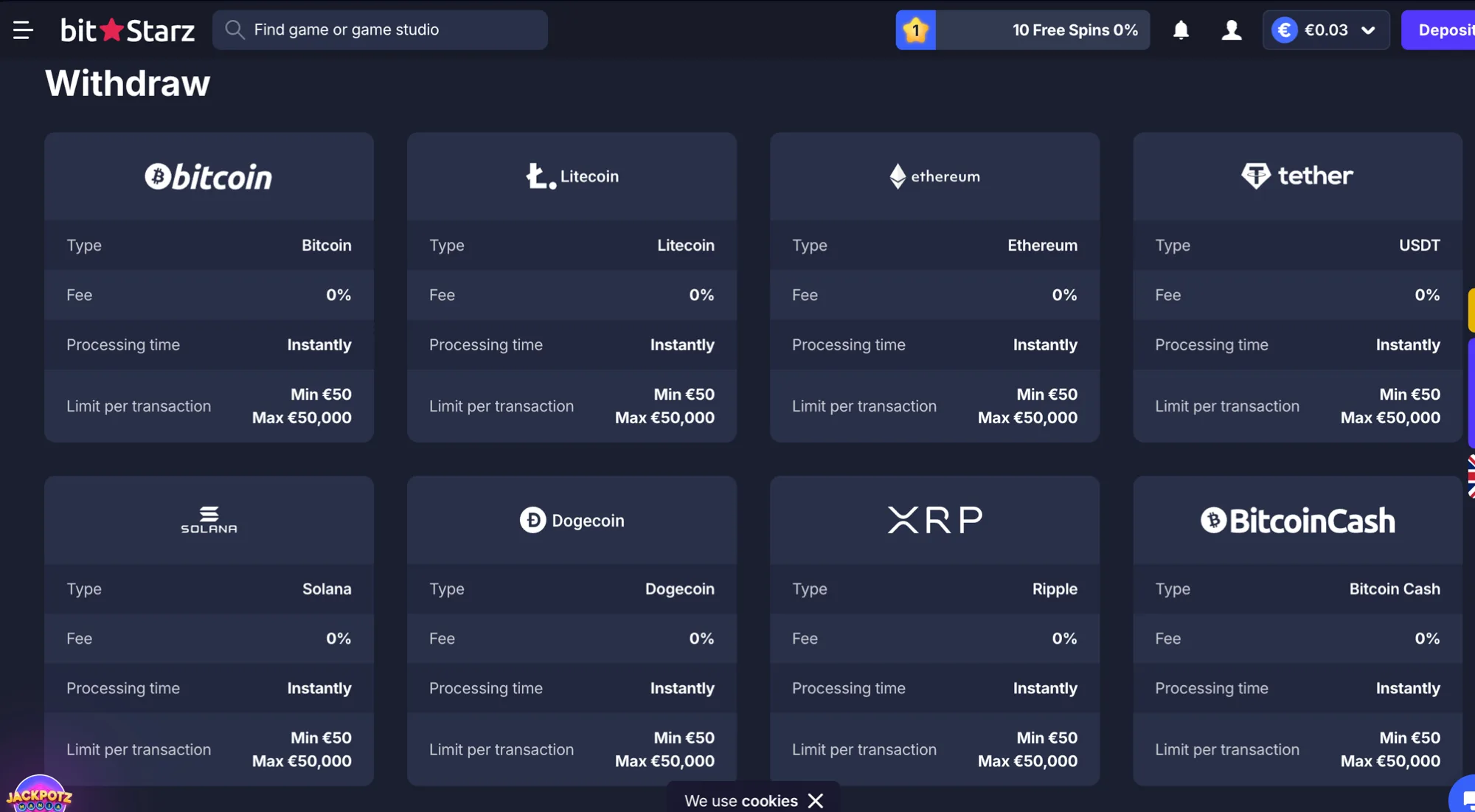BitStarz Withdraw screen showing Bitcoin, Litecoin, Ethereum, Tether, Solana, Dogecoin, XRP and BitcoinCash cards, each 0% fee, Instantly processing, min EUR 50, max EUR 50,000 per transaction