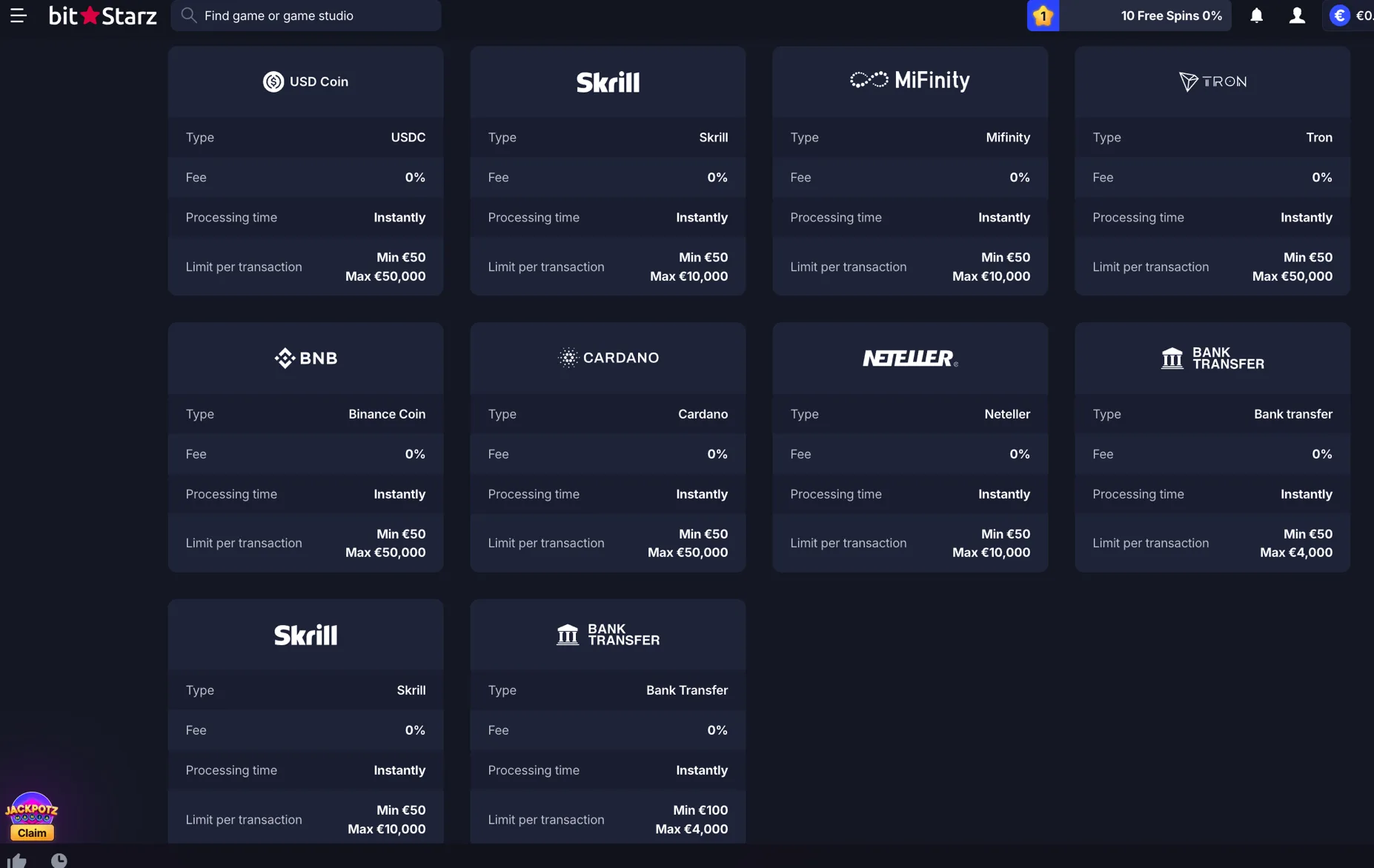 BitStarz Withdraw screen continued: USDC, Skrill, MiFinity, Tron, BNB, Cardano, Neteller and Bank Transfer cards with per-transaction limits